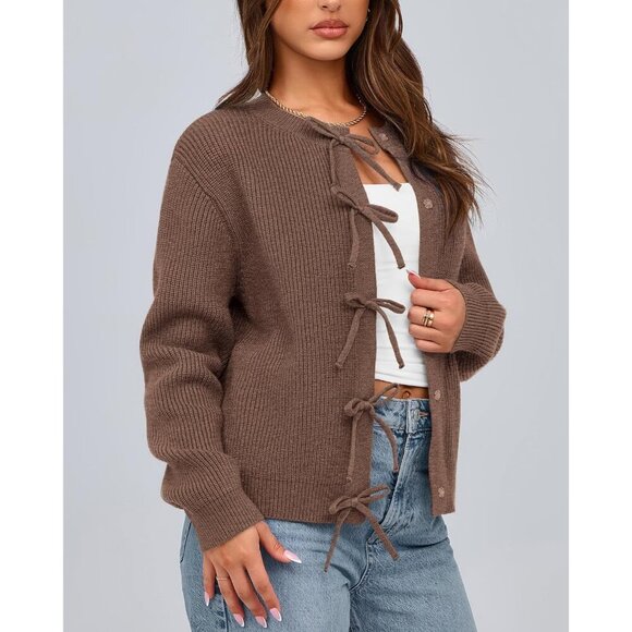 Women’s Bow Cardigan Sweater Cotton Blend Open Front Long Sleeve Small - Picture 6 of 8